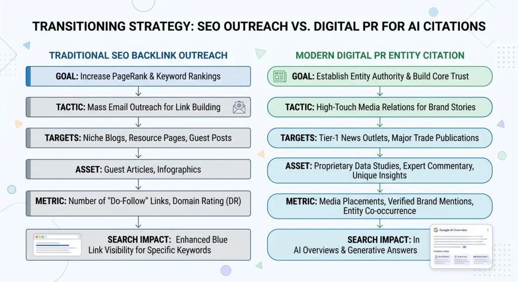 Flowchart comparing traditional SEO backlink outreach with modern digital PR entity citation in AI search engines