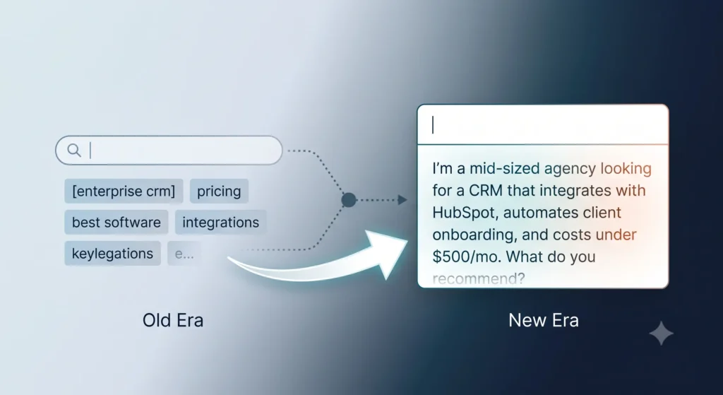 This image illustrates the core theme of your blog post: the evolution from disjointed, "old era" keyword searching to highly conversational, context-aware "new era" AI prompts. It is clean, uses professional colors, and is perfectly suited as a featured graphic.